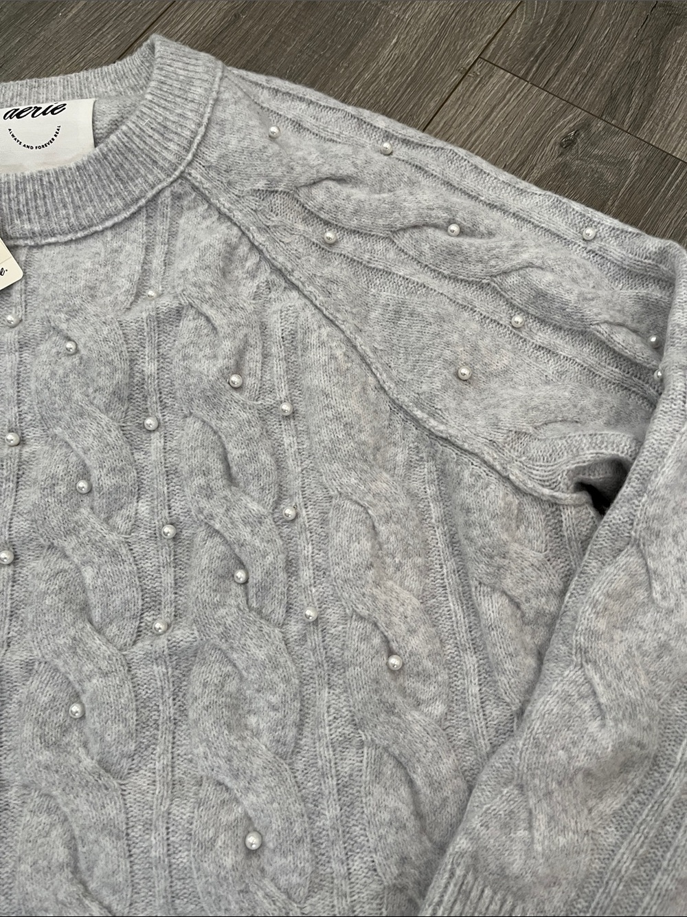 aerie Pearl-Embellished Light Gray Cable Crewneck Sweater - Picture 2 of 5